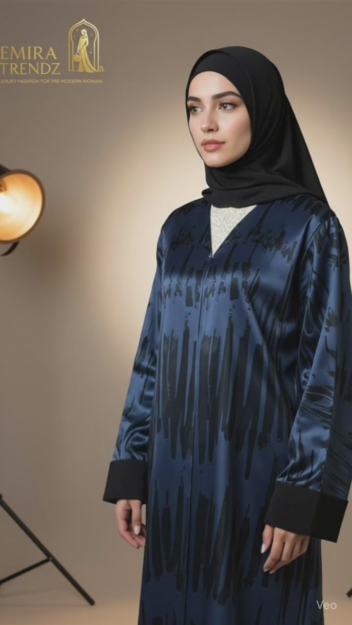 "The Azure Flow Abaya: Modern Artistry Meets Modest Luxury"