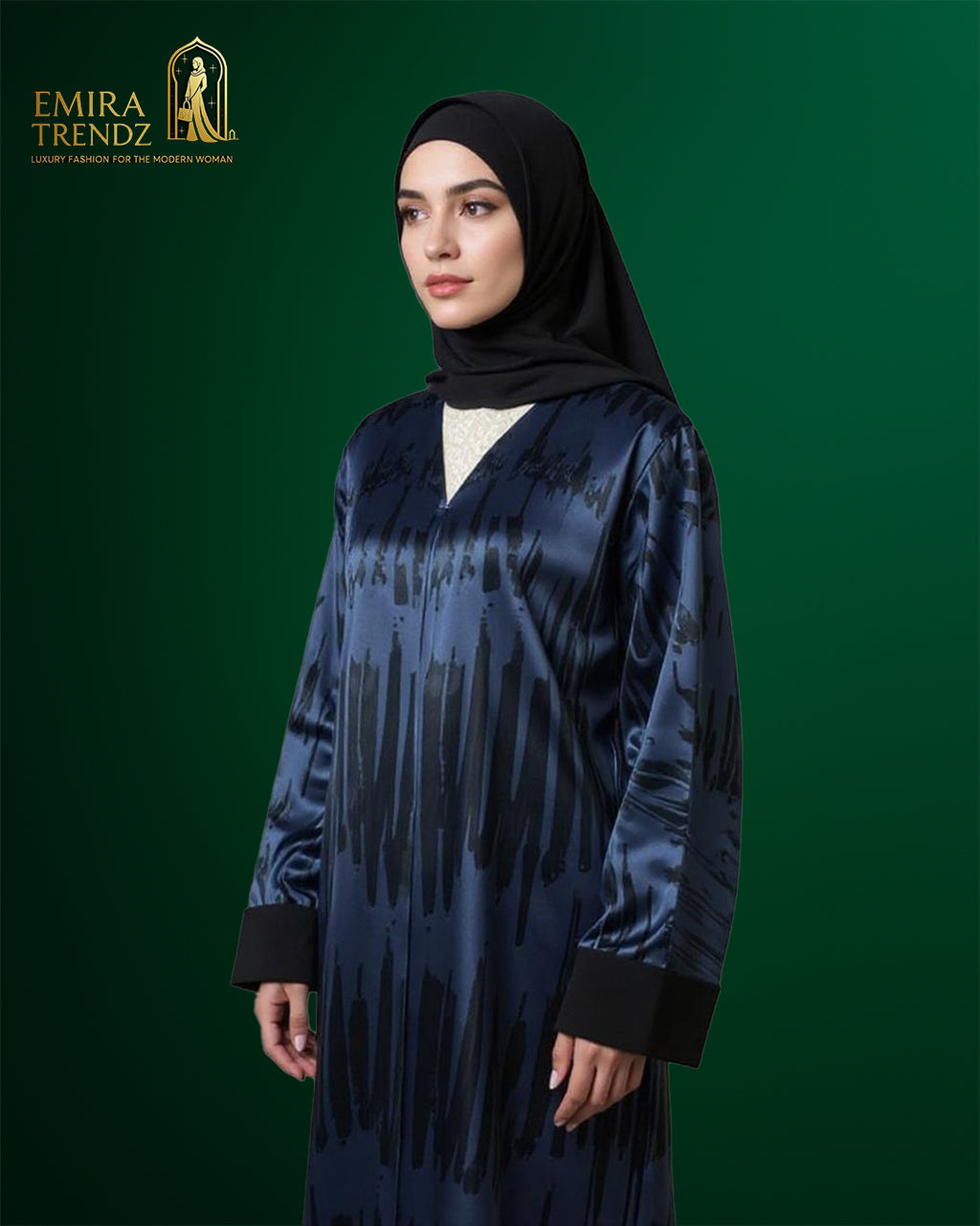 "The Azure Flow Abaya: Modern Artistry Meets Modest Luxury"
