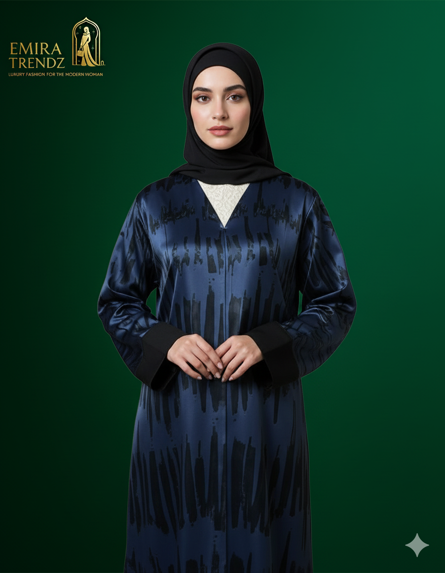 "The Azure Flow Abaya: Modern Artistry Meets Modest Luxury"