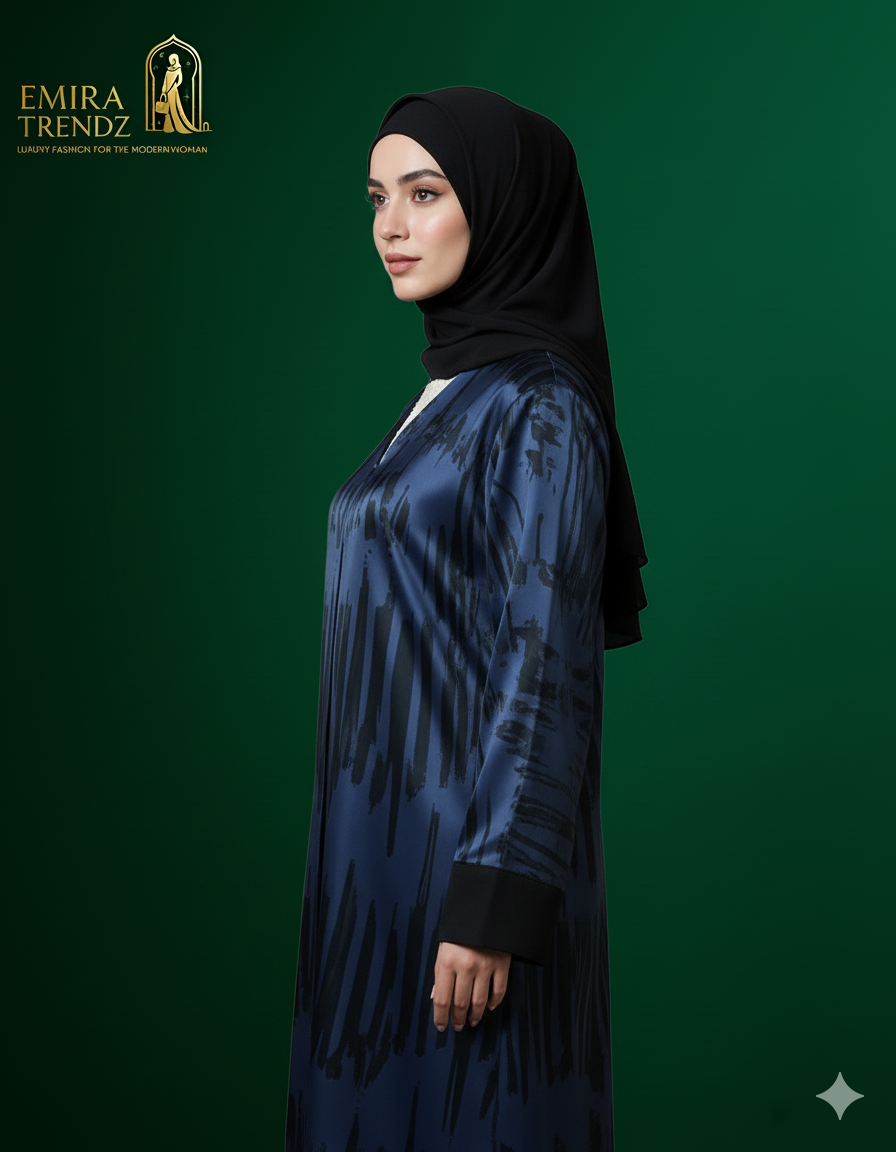 "The Azure Flow Abaya: Modern Artistry Meets Modest Luxury"
