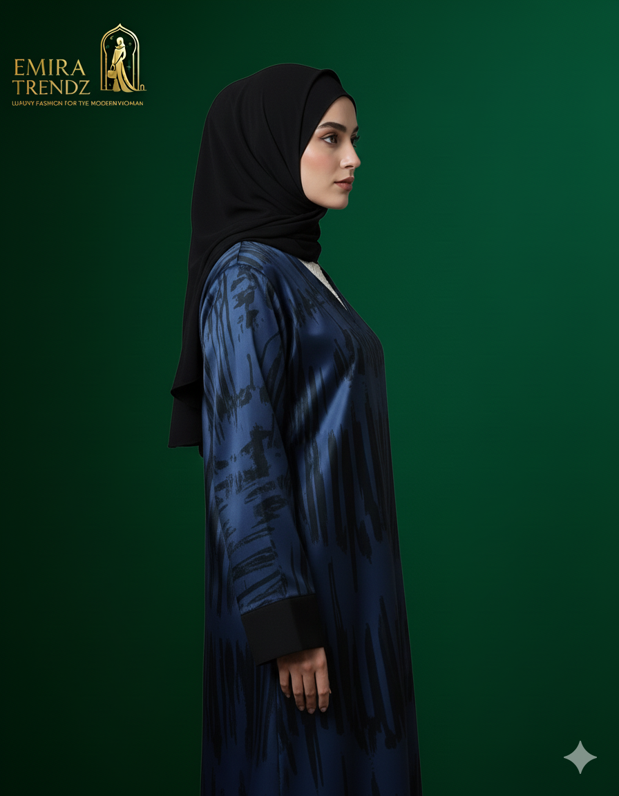 "The Azure Flow Abaya: Modern Artistry Meets Modest Luxury"